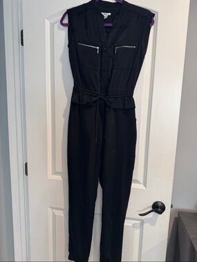 Bar III Black Sleeveless Drawstring Jumpsuit with Zip Pockets
